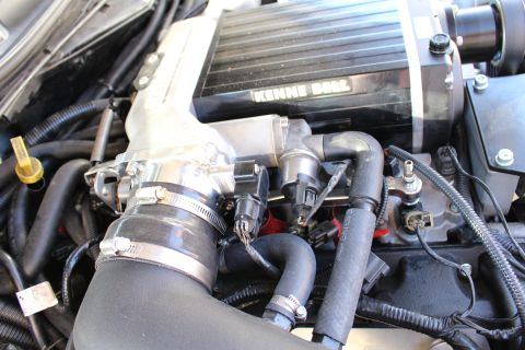 2003 Ford Crown Victoria - Engine detail showing a Kenne Bell supercharger, throttle body and a black intake elbow secured by chrome band clamps.
