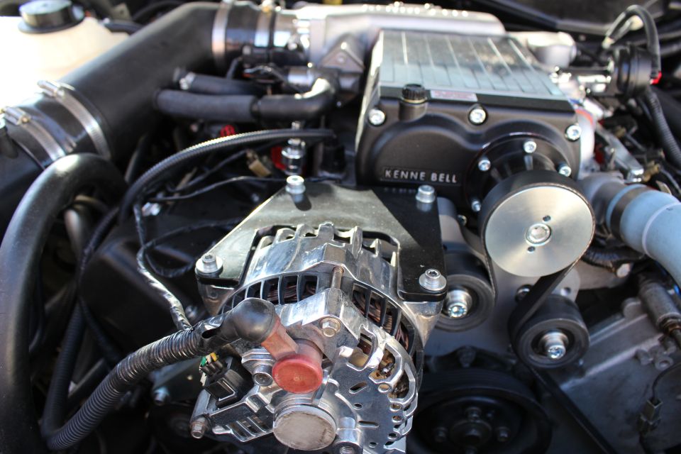 Engine bay with Kenne Bell supercharger and chrome alternator