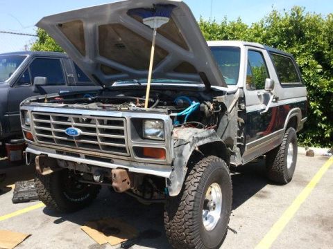 1986 Ford Bronco - This 1986 Ford Bronco is parked with its hood open, revealing the engine bay as it appears to be undergoing some mechanical work.