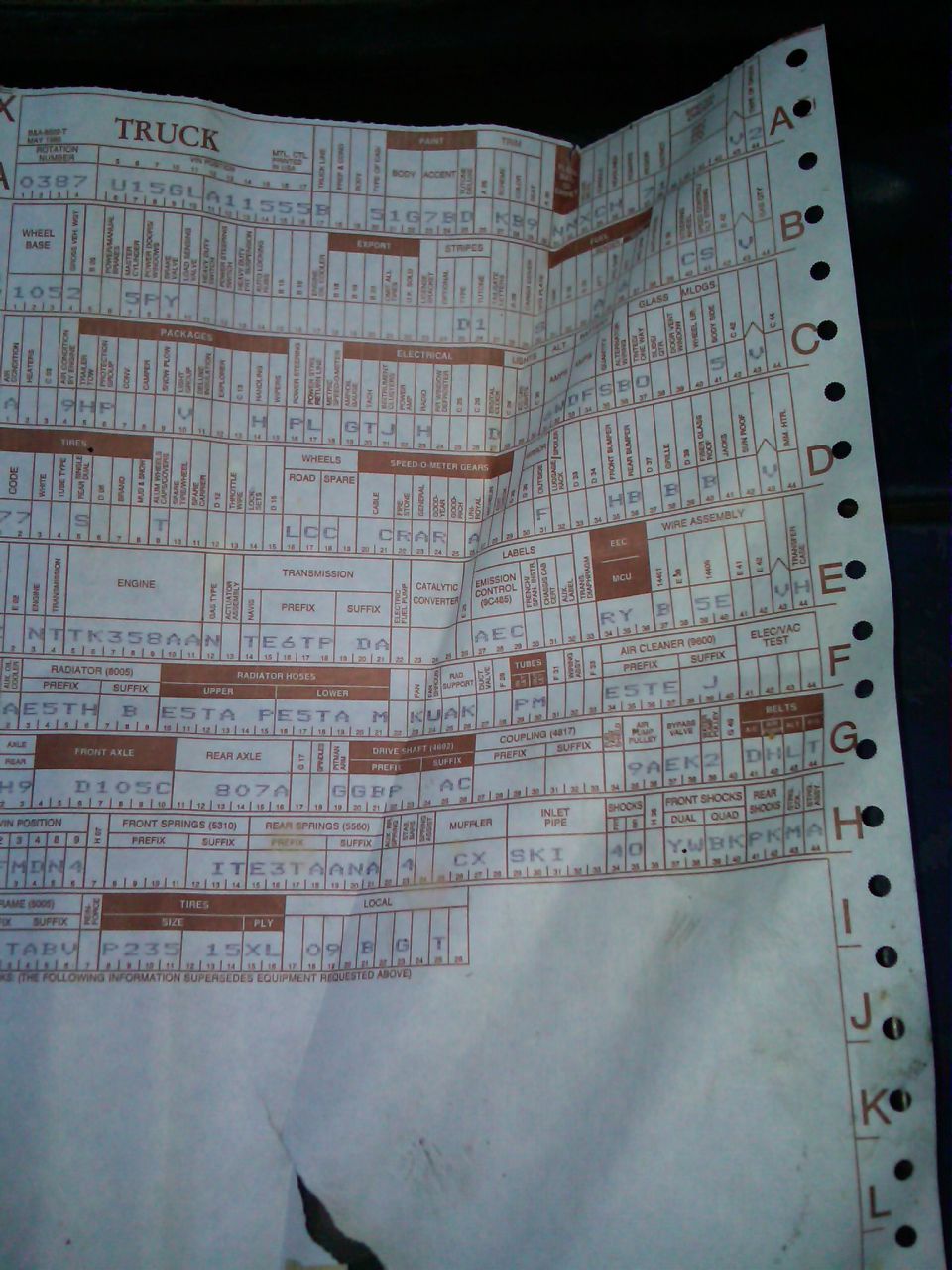 Close-up of a vehicle options and specifications document