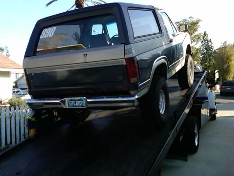 1986 Ford Bronco - This 1986 Ford Bronco, identified by its body style, is seen being loaded onto a tow truck. The number 990 is visible on the rear window.