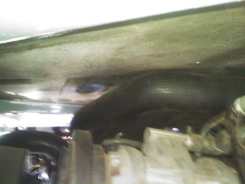 1986 Ford Bronco - Underside view of vehicle components, including a large hose and engine parts.