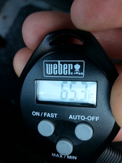 1992 Ford Bronco - set the system to Max A/C with the windows down and this was the best it would do.. so you figure an ambient temp of 102 outside, give or t…