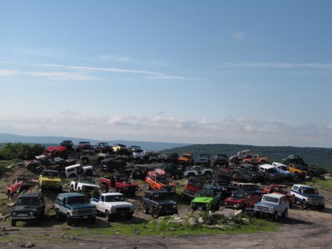1979 Ford Bronco - A large gathering of 1979 Ford Broncos parked on a hill during an event.