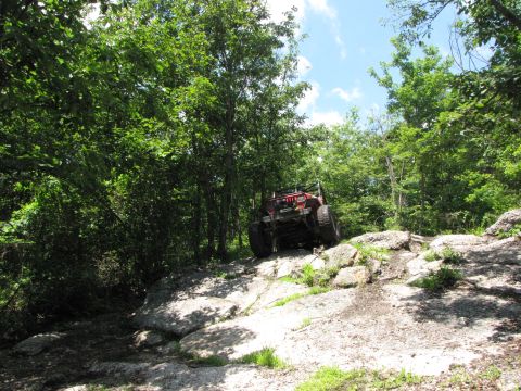 1979 Ford Bronco - A red off-road vehicle navigates a challenging rocky path through a dense forest on a sunny day.