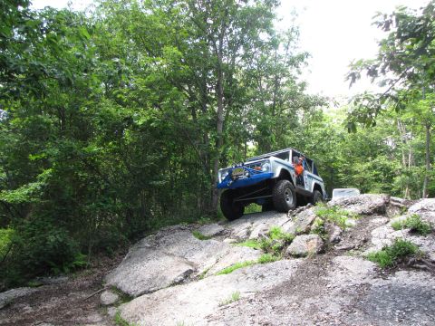 1979 Ford Bronco - This modified Ford Bronco navigates a rocky off-road course surrounded by dense trees.