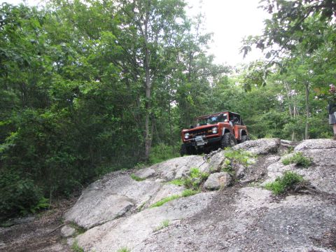 1979 Ford Bronco - An orange SUV navigates a challenging rocky terrain on a wooded trail.