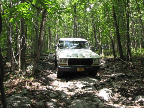 1979 Ford Bronco - White 1978 Ford Bronco navigates a challenging rocky path through a dense forest.