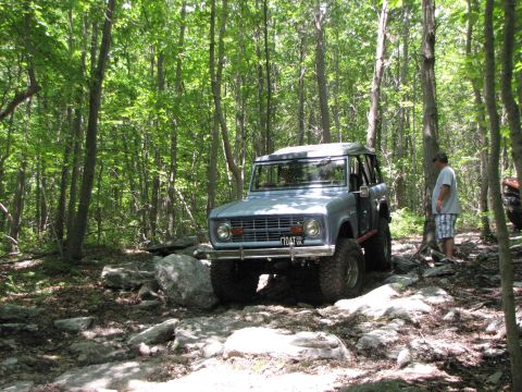 1979 Ford Bronco - A blue 1979 Ford Bronco navigates a challenging rocky path through a dense forest.