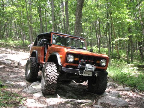 1979 Ford Bronco - This modified SUV navigates a challenging off-road path through a dense forest.