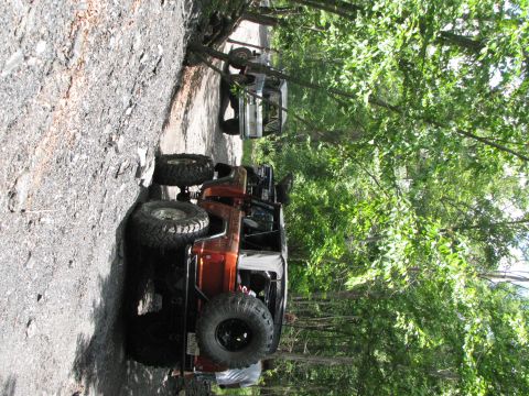 1979 Ford Bronco - Two off-road SUVs navigate a wooded trail, one in the foreground with prominent tires.