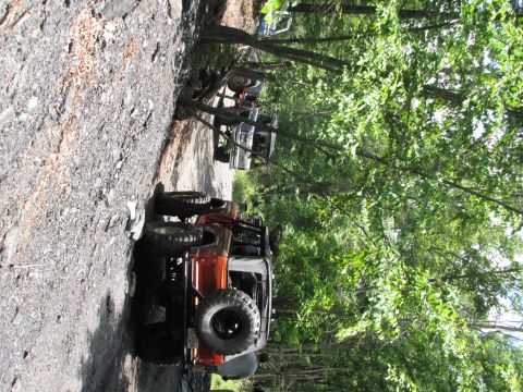 1979 Ford Bronco - Multiple off-road vehicles are lined up on a dirt path surrounded by trees.
