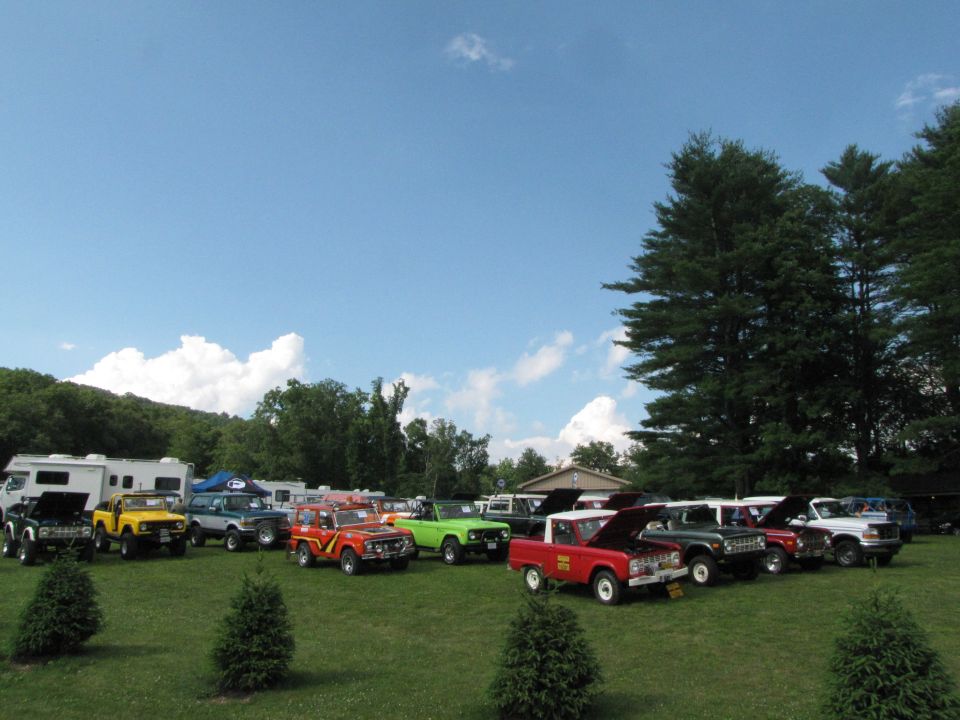Several Ford Broncos and other vehicles parked on a grassy field with trees and a blue sky in the background. Some vehicles have hoods open