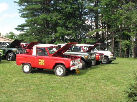 1979 Ford Bronco - Several Ford Broncos are lined up on a grassy field with their hoods open.
