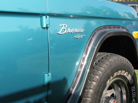 1979 Ford Bronco - Close-up of a teal 1979 Ford Bronco GT's side panel, highlighting the fender flare and door hinge.