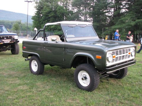 1979 Ford Bronco - A classic green Ford Bronco is parked on a grassy field with trees in the background.