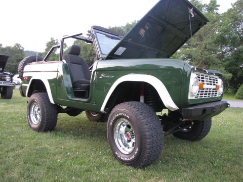 1979 Ford Bronco - A green and white Ford Bronco is parked on grass with its hood open, next to another vehicle.