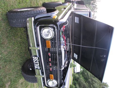 1979 Ford Bronco - Front view of a 1979 Ford Bronco, hood open, revealing the engine compartment.