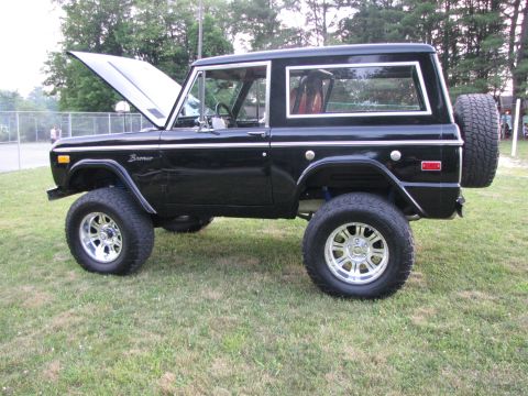 1979 Ford Bronco - This black Ford Bronco is parked on a grassy area with trees and a fence in the background.
