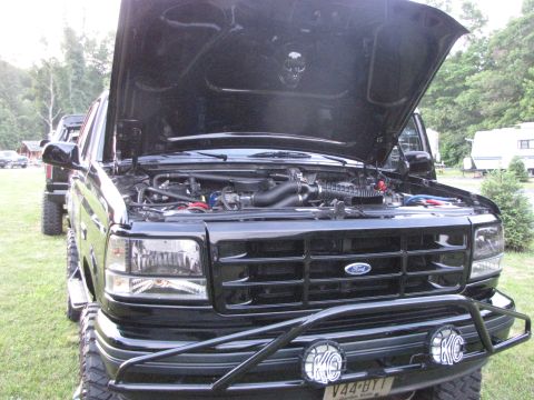 1979 Ford Bronco - Black Ford truck from the 1990s with its hood open, parked on grass.