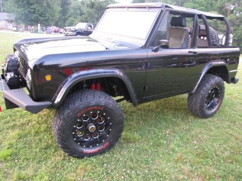 1979 Ford Bronco - Modified black Ford Bronco sits on a grassy field with aftermarket off-road tires and suspension.