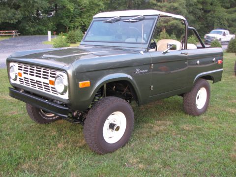 1979 Ford Bronco - This Ford Bronco is parked on a grassy lawn with a white pickup truck visible in the distance.