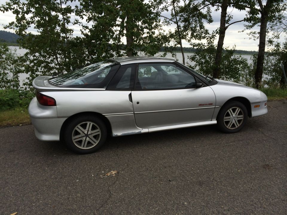 Silver Geo Storo coupe parked by lake under trees