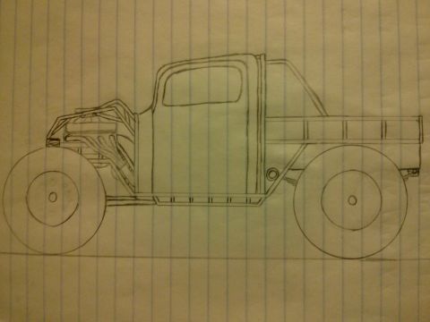 1986 Ford Bronco - Freehand pencil sketch of a custom hot-rod pickup on lined paper, not a technical document.