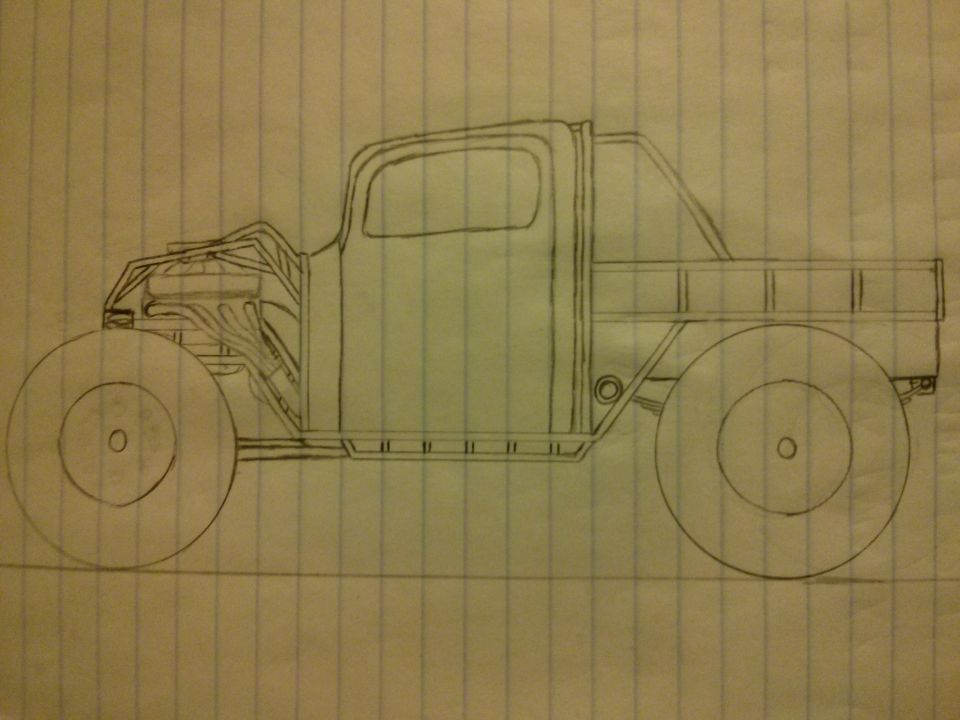 Hand-drawn pencil sketch of a hot-rod pickup truck on lined notebook paper