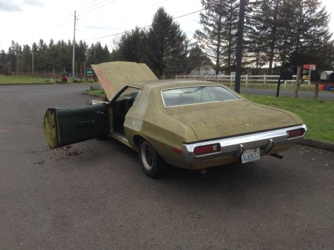 1973 Ford Torino - A gold 1973 Ford Torino sedan sits with its hood and driver door open, showing its interior and engine bay.