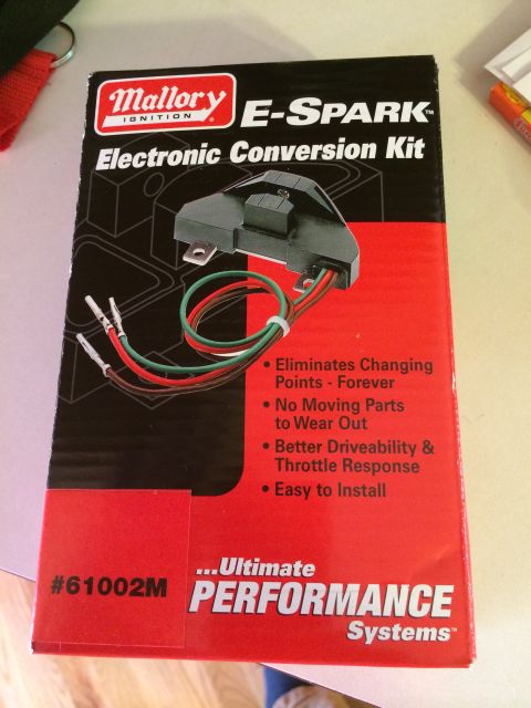 1973 Ford Torino - Box for a Mallory E-Spark Electronic Conversion Kit, showing the ignition module and its features.