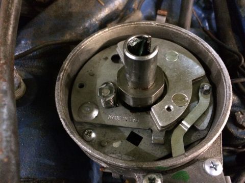 1973 Ford Torino - Close-up view of a Mallory Electronic Ignition distributor with the cap removed, revealing the internal components and "MADE IN USA" markin…