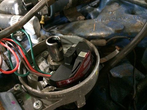 1973 Ford Torino - Close-up of a Mallory E-Spark ignition system, part of a vehicle's engine.