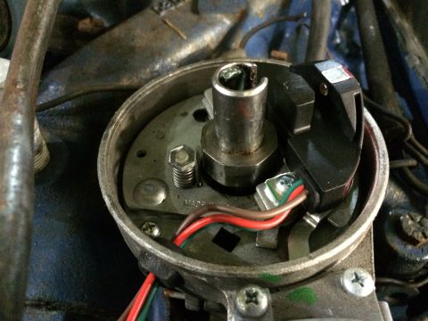 1973 Ford Torino - Close-up view of a Mallory electronic ignition distributor, showing wiring and internal components.