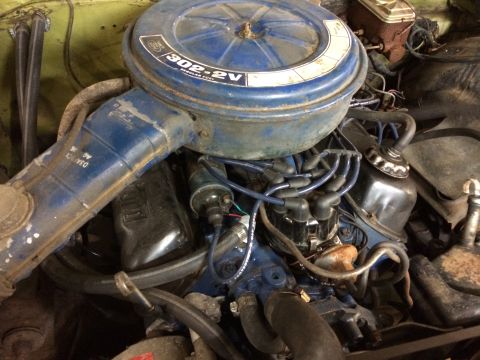 1973 Ford Torino - Close-up of a Ford 302-2V engine, identified by the air cleaner and visible engine components.