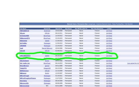 1979 Ford F-150 - This image displays a screenshot of a user ban list, detailing usernames, ban reasons, and ban durations.