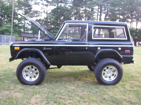 1979 Ford Bronco - A black Ford Bronco with its hood raised sits on a grassy field, its lifted suspension and custom wheels.