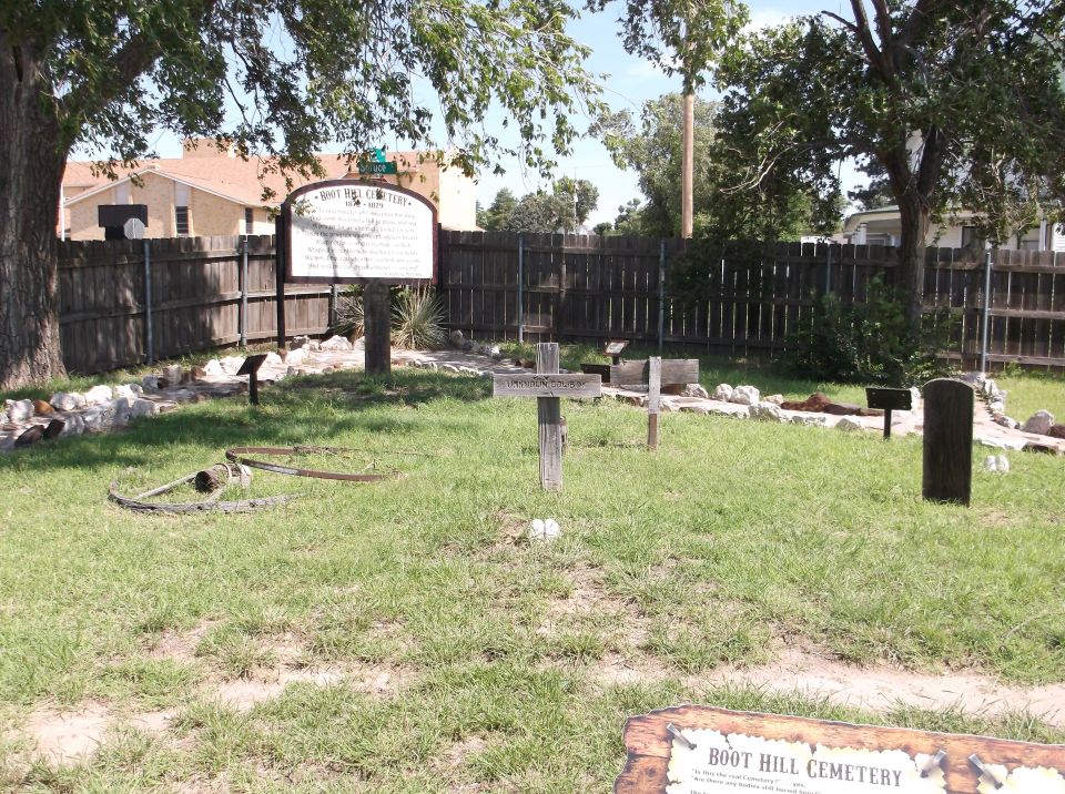 Boot Hill Cemetery with wooden crosses and headstones
