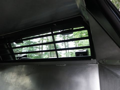 2001 Ford Crown Victoria - View through a barred window from inside a vehicle, looking out at a wooded area.