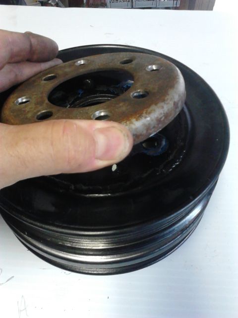 1979 Ford Ranchero - This shows where the pulley "hat" was cut off so 6-ri sheave could be centered and welded to the lower harmonic balancer pulley.
