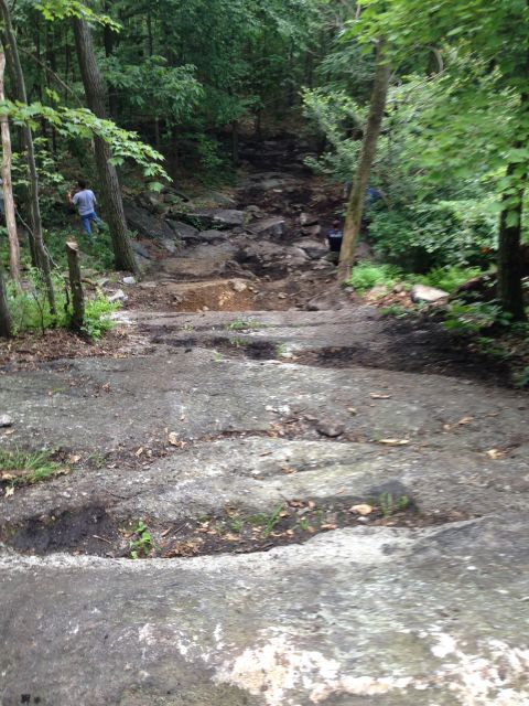 1988 Ford Bronco - A steep, rocky off-road trail winds through a wooded area with two people present.