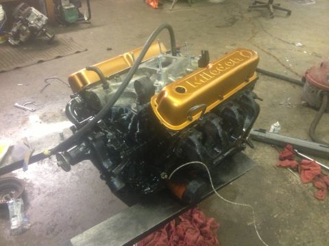 1970 Ford F-250 - Engine assembly with gold valve covers sits on a metal stand in a garage setting.
