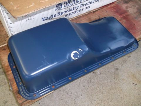 1963 Ford Galaxie - This blue oil pan is for sale, with text on the box indicating 'Eagle Specialty Products, Memphis, TN'.
