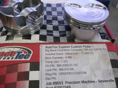 1963 Ford Galaxie - Close-up of custom pistons and their packaging, detailing specifications for a Ford Big Block engine.
