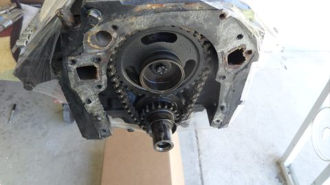 1972 Ford Ranchero - Close-up view of the engine's timing chain and gears, likely during a repair or rebuild process.