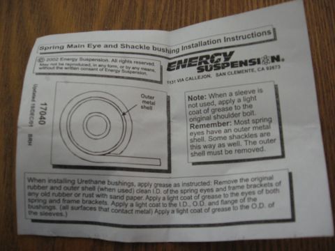 1994 Ford Bronco - Document details the installation of leaf spring and shackle bushings, including diagrams and notes.