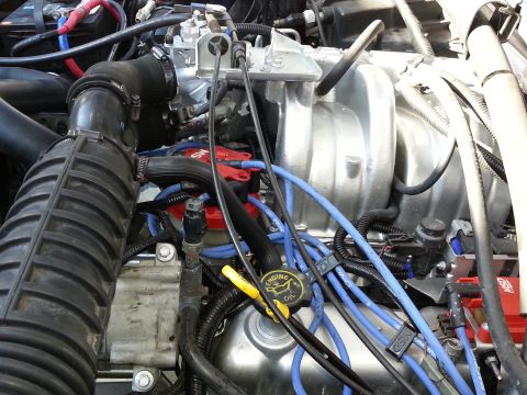 1994 Ford Bronco - Close-up view of an engine bay, blue spark plug wires and a red distributor cap.