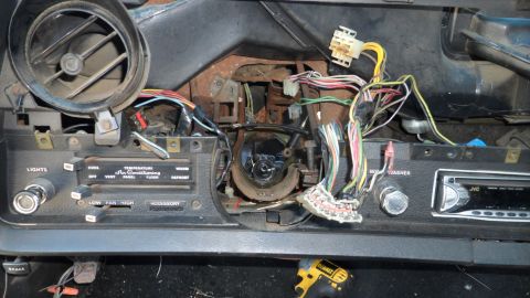 1972 Ford Ranchero - The complex wiring and air conditioning controls are visible in this interior shot, which also features a JVC radio.