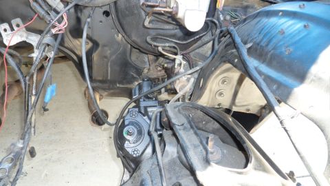 1972 Ford Ranchero - Underside view of engine bay components, including steering mechanism and wiring harness.