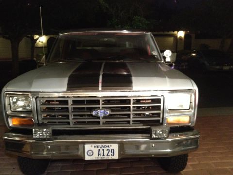1982 Ford Bronco - This 1980s Ford Bronco features a distinctive grille and dual racing stripes on the hood.